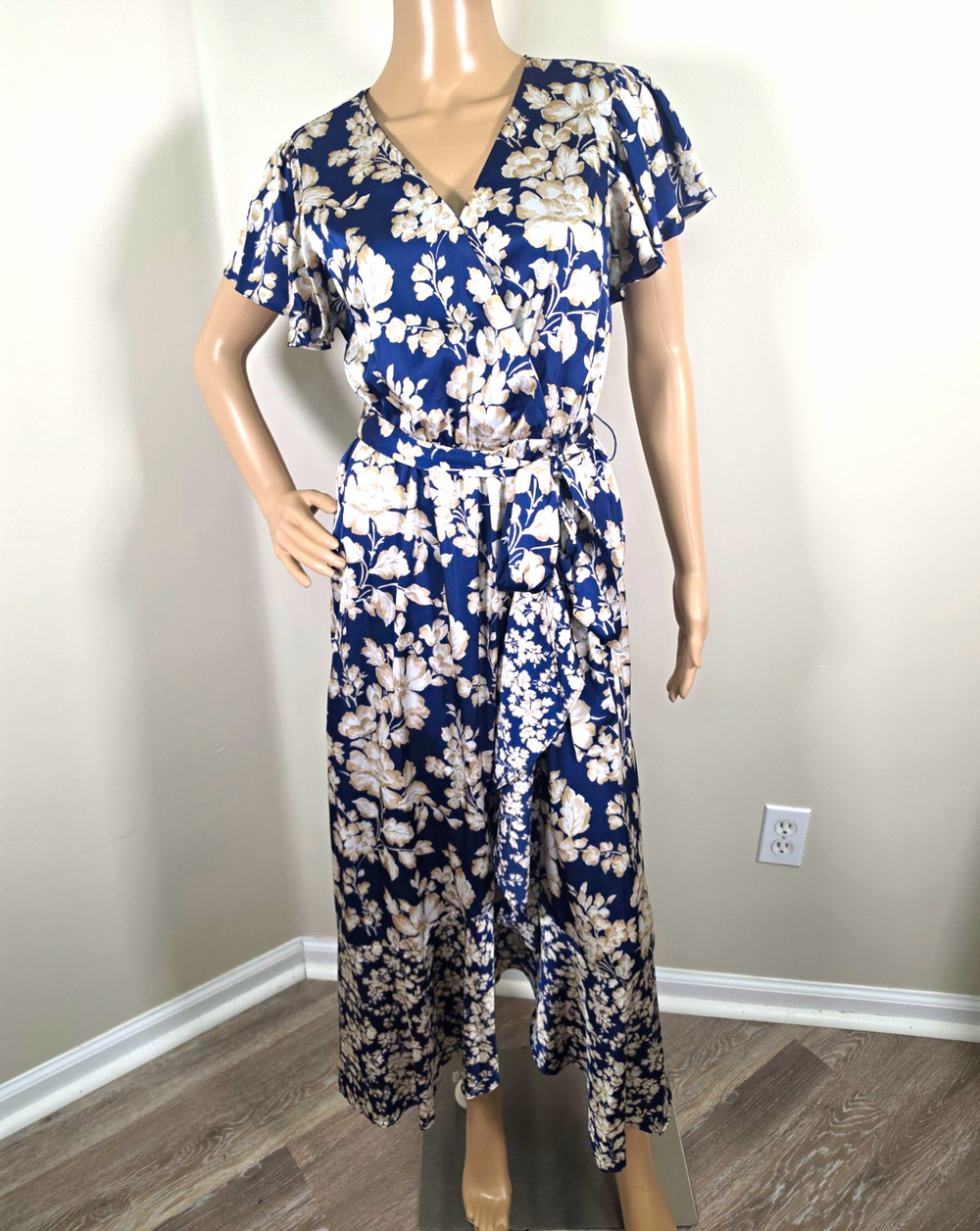 Nicole Miller New York Blue Ivory Floral Wide Leg Tie Waist Dress S